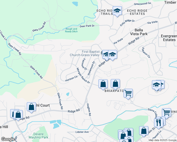 map of restaurants, bars, coffee shops, grocery stores, and more near 299 Vistamont Drive in Grass Valley