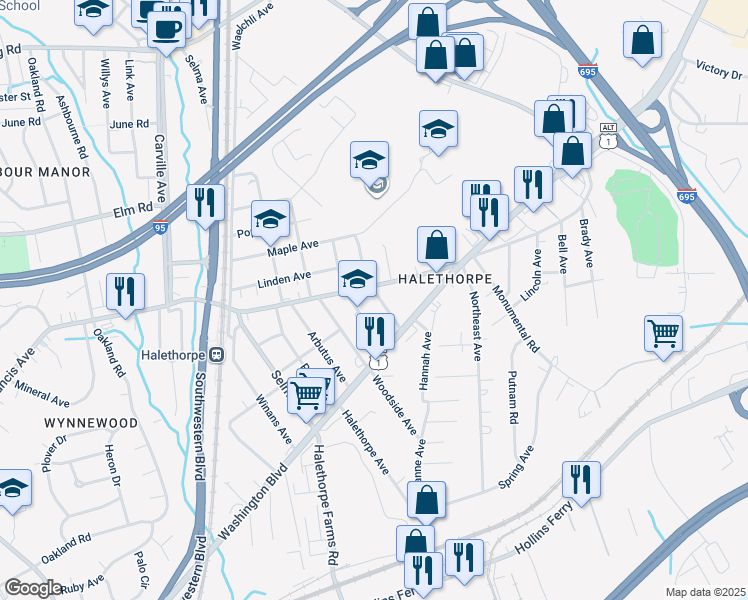 map of restaurants, bars, coffee shops, grocery stores, and more near 1804 Summit Avenue in Halethorpe