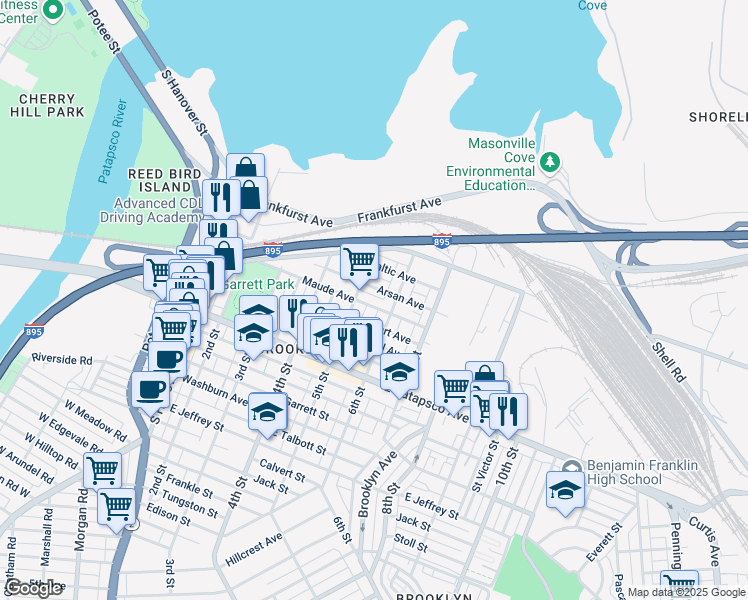 map of restaurants, bars, coffee shops, grocery stores, and more near 526 Maude Avenue in Baltimore