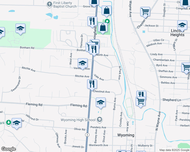map of restaurants, bars, coffee shops, grocery stores, and more near 15 Vale Avenue in Wyoming