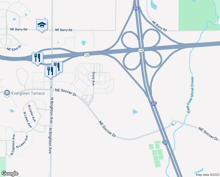 map of restaurants, bars, coffee shops, grocery stores, and more near 5701 Northeast 80th Terrace in Kansas City