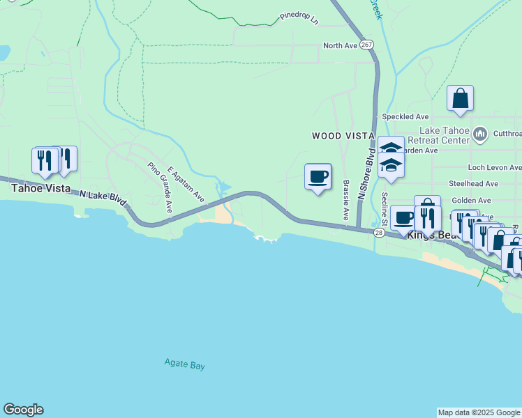 map of restaurants, bars, coffee shops, grocery stores, and more near 7610 North Lake Boulevard in Tahoe Vista