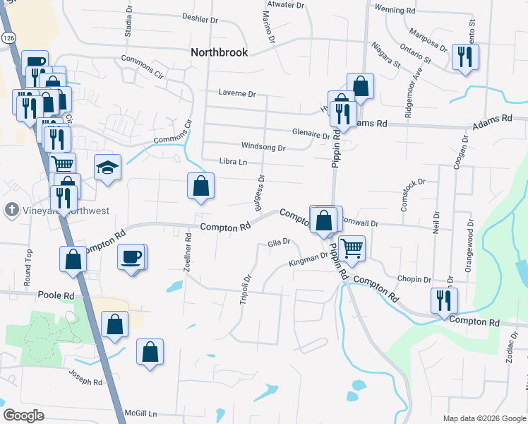 map of restaurants, bars, coffee shops, grocery stores, and more near 2981 Compton Road in Groesbeck