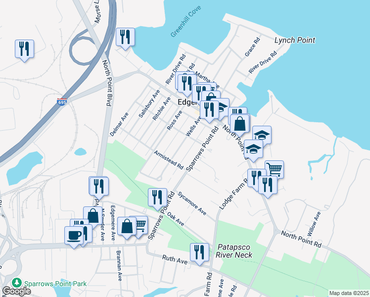 map of restaurants, bars, coffee shops, grocery stores, and more near 2917 Wells Avenue in Sparrows Point