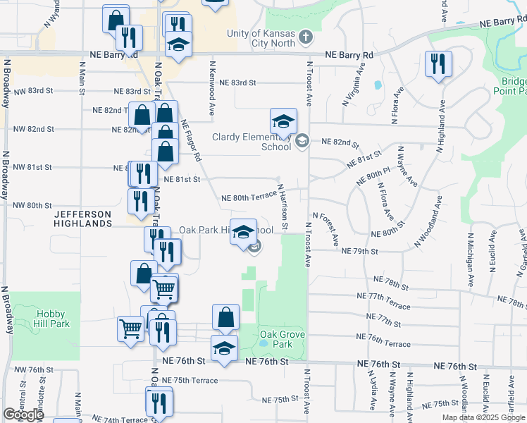 map of restaurants, bars, coffee shops, grocery stores, and more near 7939 North Campbell Street in Kansas City