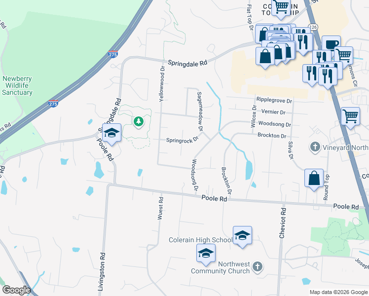 map of restaurants, bars, coffee shops, grocery stores, and more near 9118 Whitehead Drive in Cincinnati