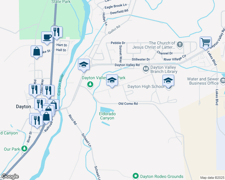 map of restaurants, bars, coffee shops, grocery stores, and more near 285 Dayton Valley Road in Dayton