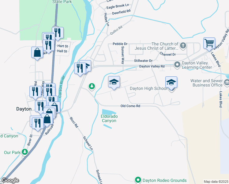map of restaurants, bars, coffee shops, grocery stores, and more near 285 Dayton Valley Road in Dayton