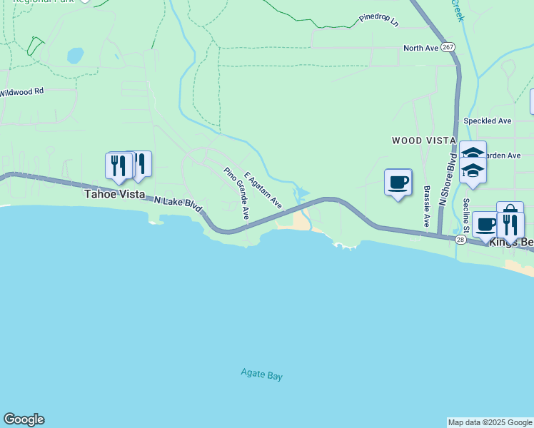 map of restaurants, bars, coffee shops, grocery stores, and more near 7435 North Lake Boulevard in Tahoe Vista