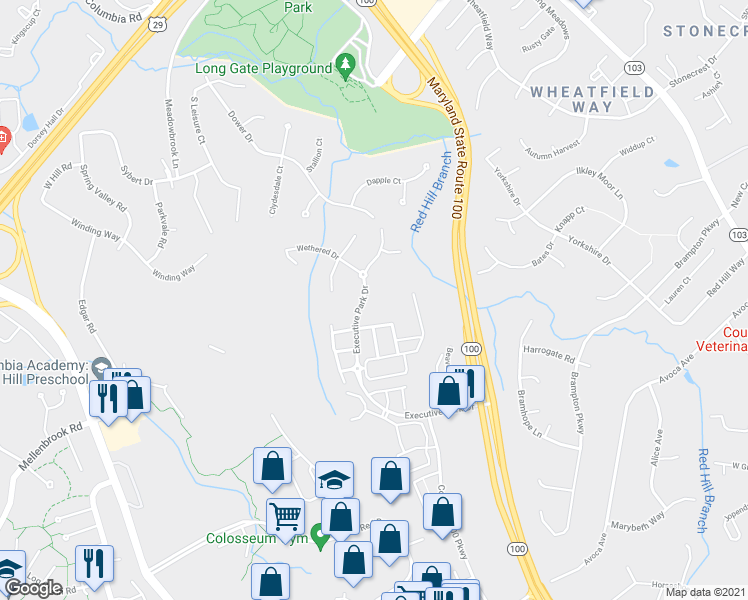 map of restaurants, bars, coffee shops, grocery stores, and more near 5058 Executive Park Drive in Ellicott City