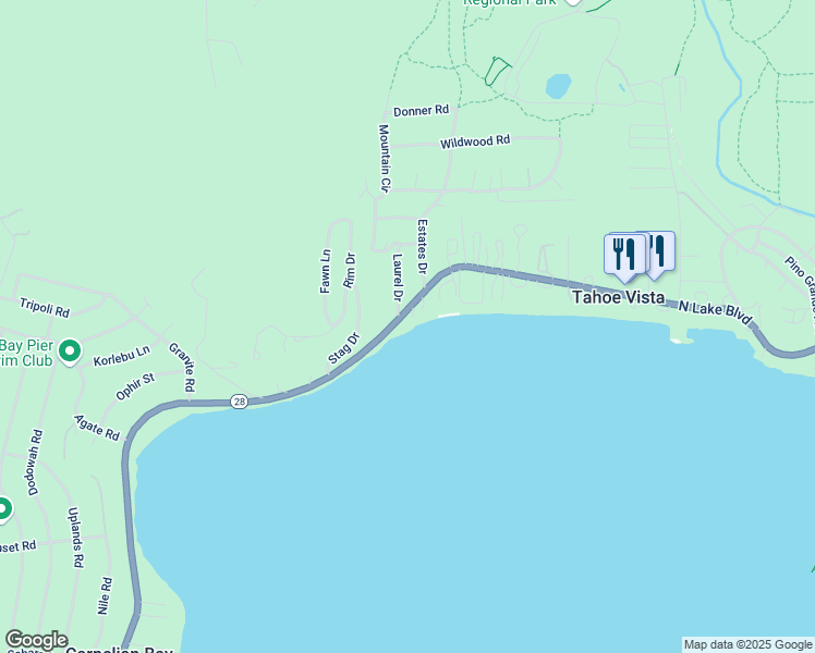 map of restaurants, bars, coffee shops, grocery stores, and more near 6430 North Lake Boulevard in Tahoe Vista