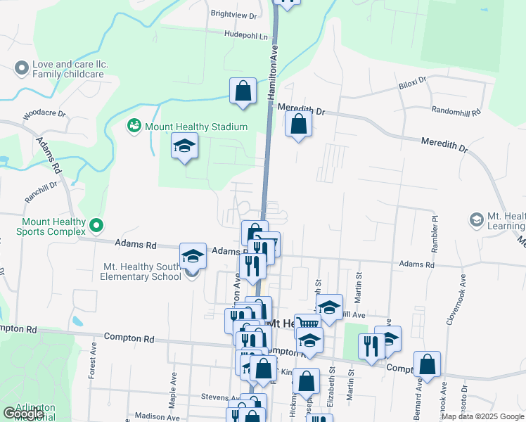map of restaurants, bars, coffee shops, grocery stores, and more near 8121 Hamilton Avenue in Cincinnati