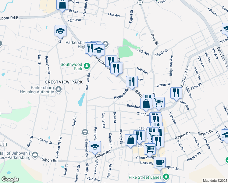 map of restaurants, bars, coffee shops, grocery stores, and more near 2411 Highland Rd in Parkersburg