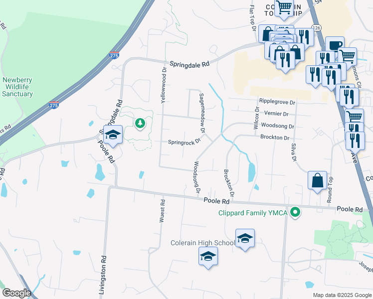 map of restaurants, bars, coffee shops, grocery stores, and more near 9118 Whitehead Drive in Cincinnati