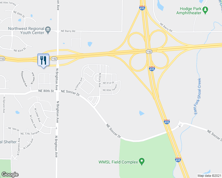 map of restaurants, bars, coffee shops, grocery stores, and more near 5601 Northeast 80th Terrace in Kansas City