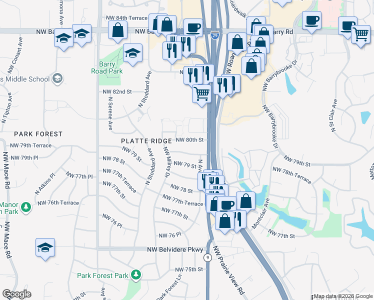 map of restaurants, bars, coffee shops, grocery stores, and more near 6911 Northwest 79th Terrace in Kansas City