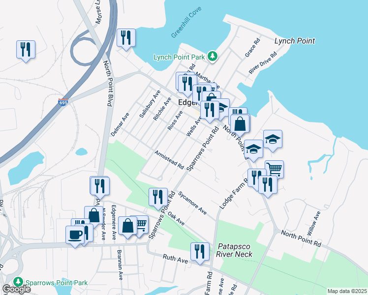 map of restaurants, bars, coffee shops, grocery stores, and more near 2917 Wells Avenue in Sparrows Point