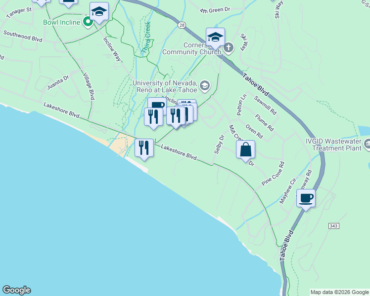 map of restaurants, bars, coffee shops, grocery stores, and more near 1028 Lakeshore Boulevard in Incline Village