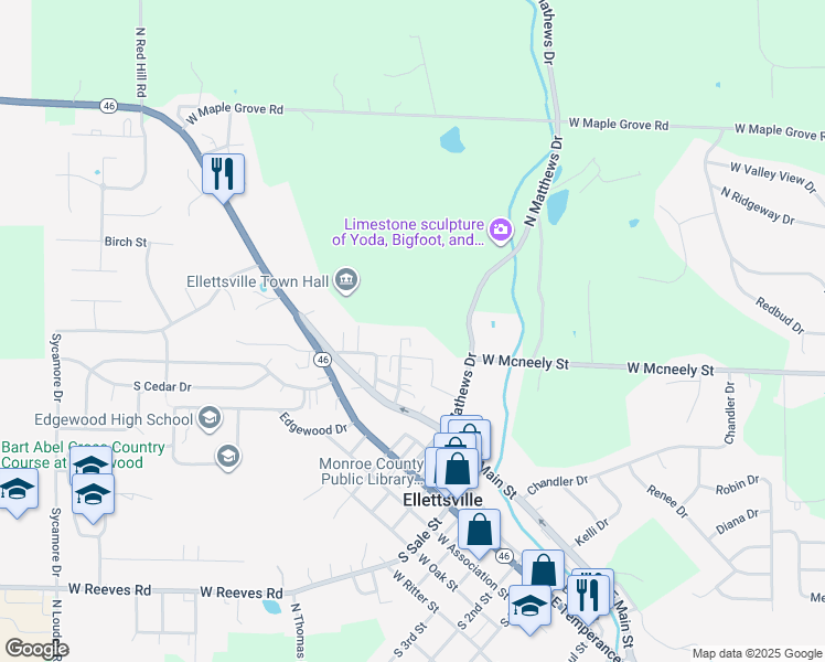 map of restaurants, bars, coffee shops, grocery stores, and more near 800 North Allen Street in Ellettsville