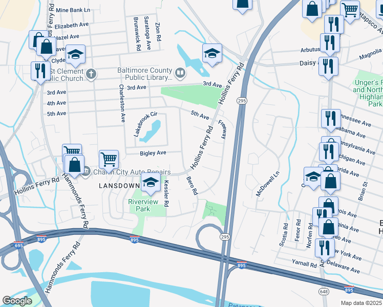 map of restaurants, bars, coffee shops, grocery stores, and more near 802 Regis Court in Halethorpe