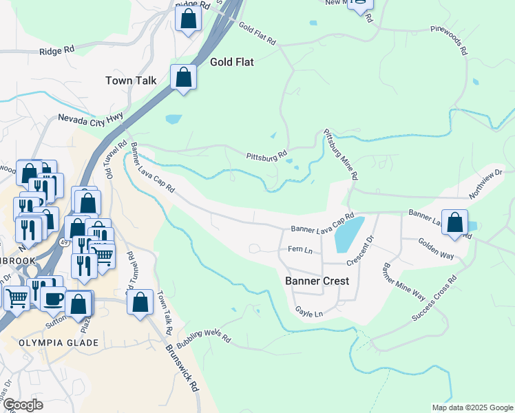 map of restaurants, bars, coffee shops, grocery stores, and more near 10536 Banner Lava Cap Road in Nevada City