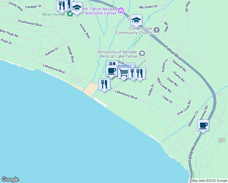 map of restaurants, bars, coffee shops, grocery stores, and more near 999 Lakeshore Boulevard in Incline Village