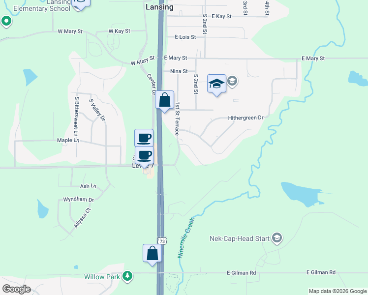 map of restaurants, bars, coffee shops, grocery stores, and more near 314 Reagan Drive in Lansing