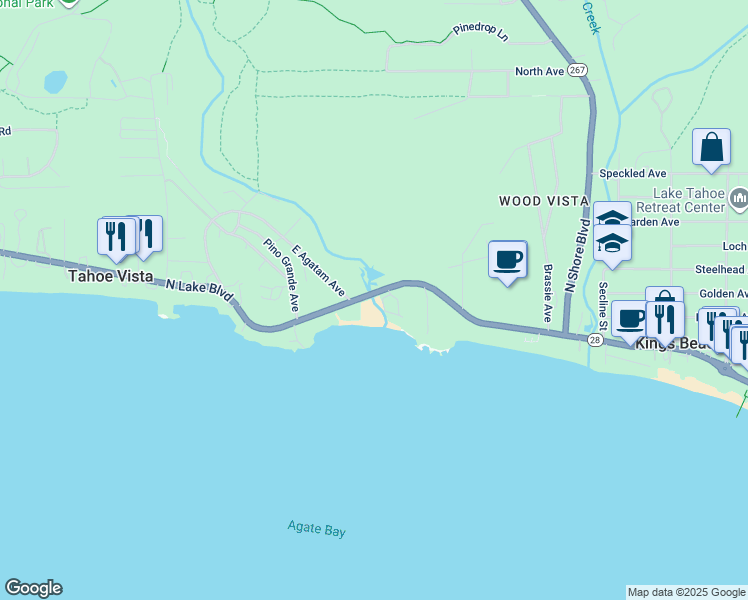 map of restaurants, bars, coffee shops, grocery stores, and more near 7580 North Lake Boulevard in Tahoe Vista
