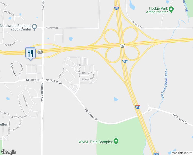 map of restaurants, bars, coffee shops, grocery stores, and more near 5701 Northeast 80th Terrace in Kansas City