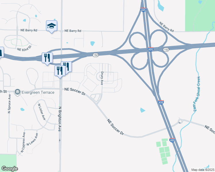 map of restaurants, bars, coffee shops, grocery stores, and more near 5601 Northeast 80th Terrace in Kansas City