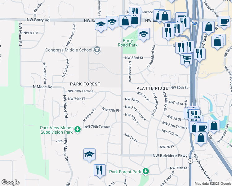 map of restaurants, bars, coffee shops, grocery stores, and more near 7709 Northwest 79th Place in Kansas City