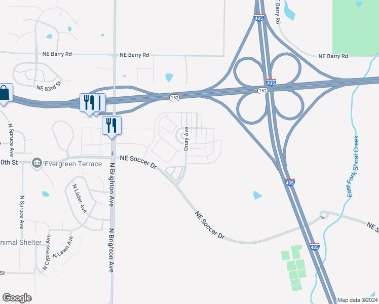 map of restaurants, bars, coffee shops, grocery stores, and more near 5500 Northeast 80th Terrace in Kansas City