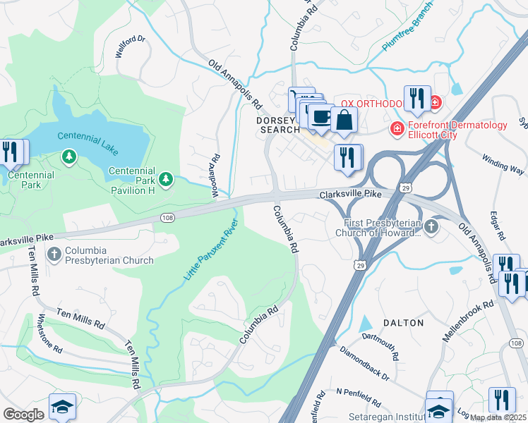 map of restaurants, bars, coffee shops, grocery stores, and more near 4912 Columbia Road in Columbia