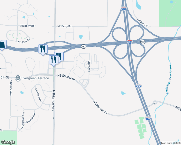 map of restaurants, bars, coffee shops, grocery stores, and more near 5511 Northeast 80th Terrace in Kansas City