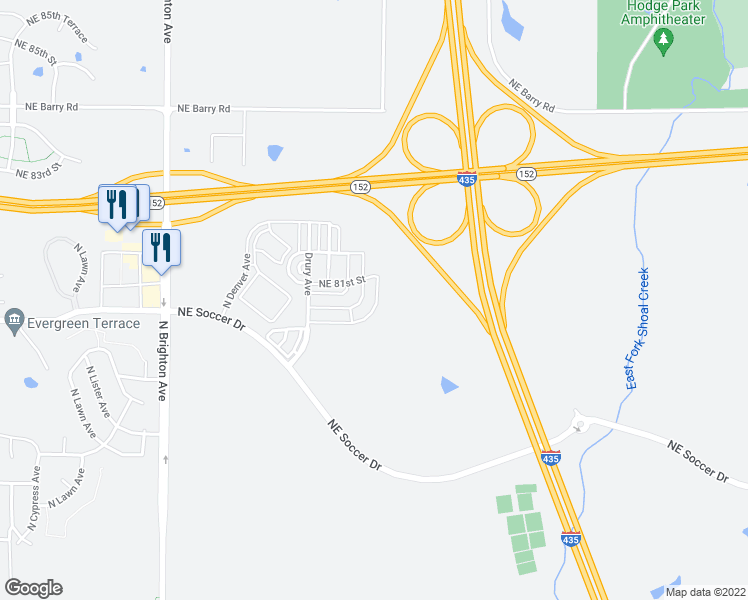 map of restaurants, bars, coffee shops, grocery stores, and more near 5721 Northeast 80th Terrace in Kansas City