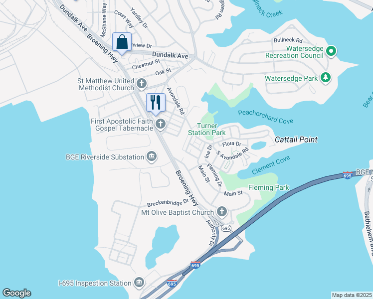 map of restaurants, bars, coffee shops, grocery stores, and more near Main Street in Dundalk