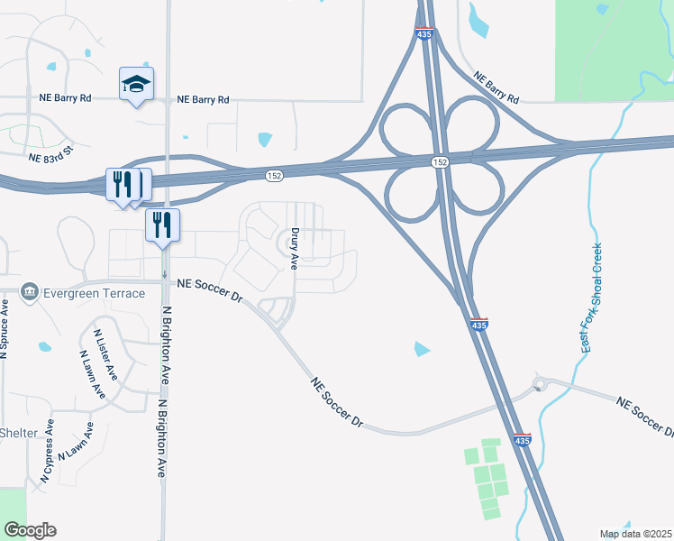 map of restaurants, bars, coffee shops, grocery stores, and more near 5710 Northeast 80th Terrace in Kansas City