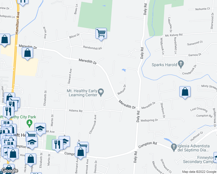 map of restaurants, bars, coffee shops, grocery stores, and more near 1292 Bellune Drive in Cincinnati