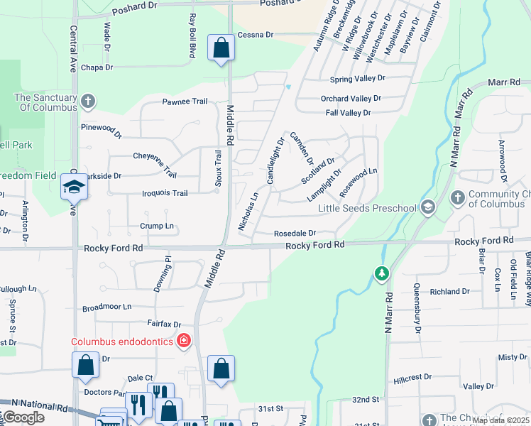 map of restaurants, bars, coffee shops, grocery stores, and more near 2680 Rosewood Lane in Columbus