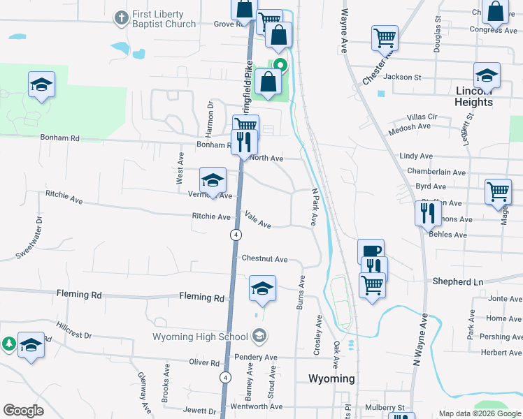 map of restaurants, bars, coffee shops, grocery stores, and more near 1410 Springfield Pike in Cincinnati