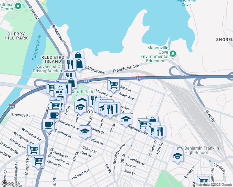 map of restaurants, bars, coffee shops, grocery stores, and more near 505 Arsan Avenue in Baltimore
