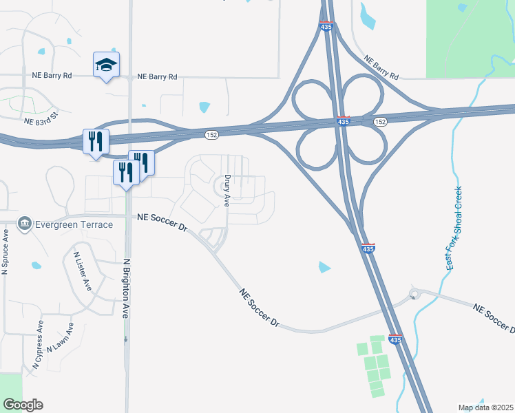 map of restaurants, bars, coffee shops, grocery stores, and more near 5710 Northeast 80th Terrace in Kansas City