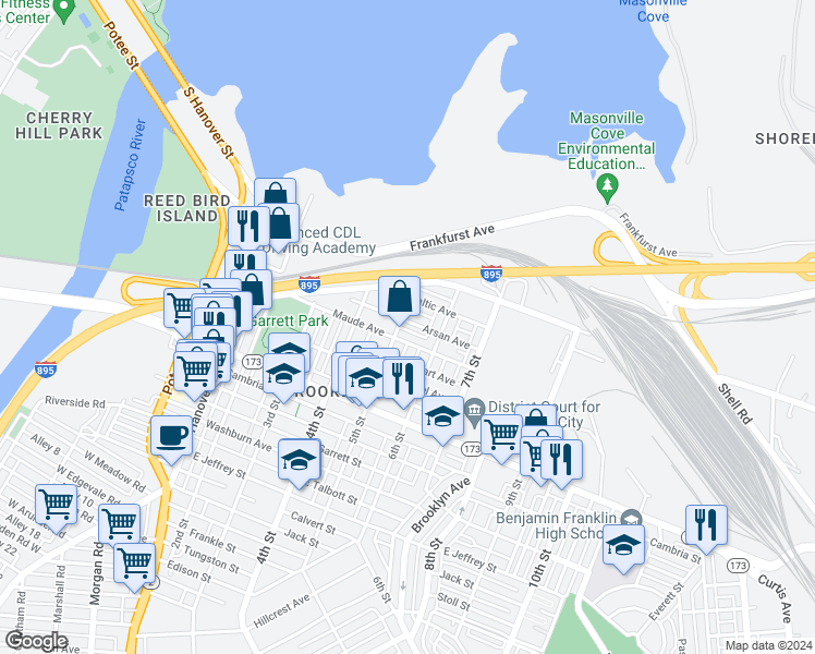 map of restaurants, bars, coffee shops, grocery stores, and more near 503 Arsan Avenue in Baltimore