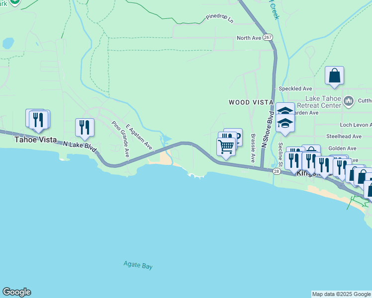 map of restaurants, bars, coffee shops, grocery stores, and more near 7611 North Lake Boulevard in Tahoe Vista
