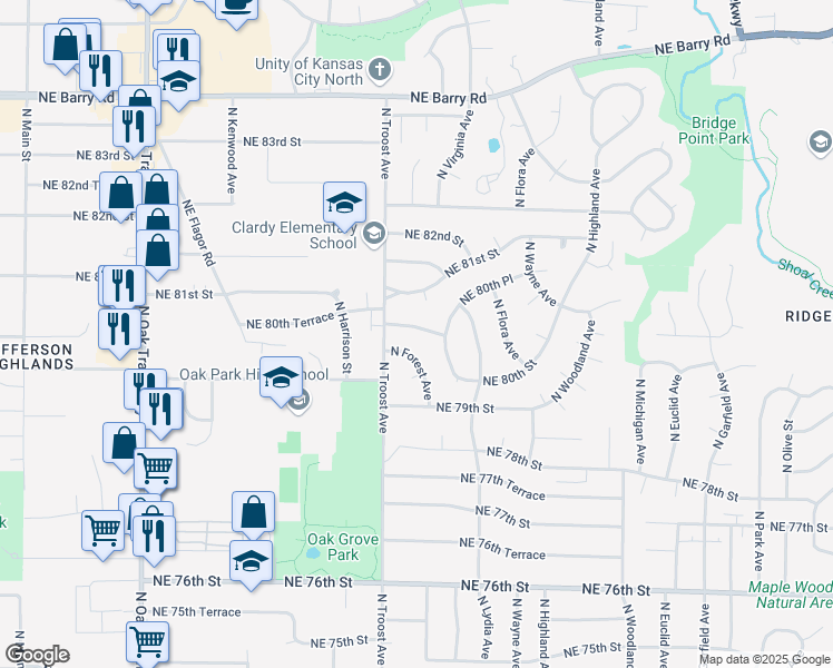 map of restaurants, bars, coffee shops, grocery stores, and more near 1219 Northeast 80th Terrace in Kansas City