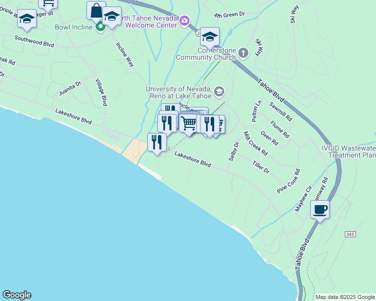map of restaurants, bars, coffee shops, grocery stores, and more near 114 Country Club Drive in Incline Village