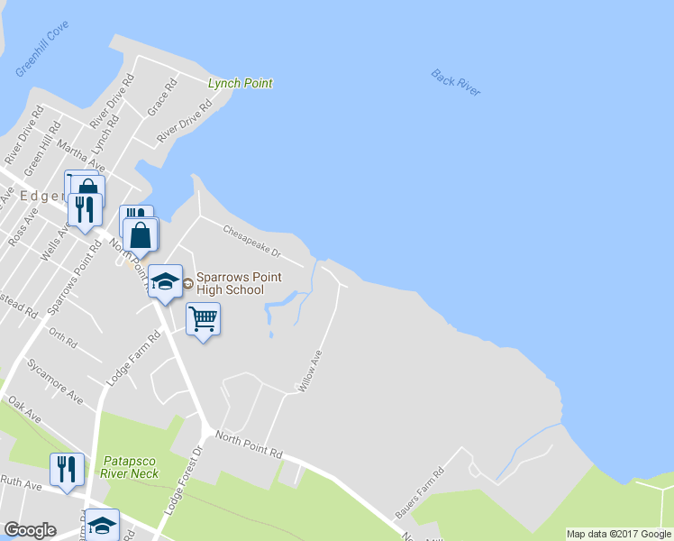 map of restaurants, bars, coffee shops, grocery stores, and more near 7609 Chesapeake Avenue in Edgemere