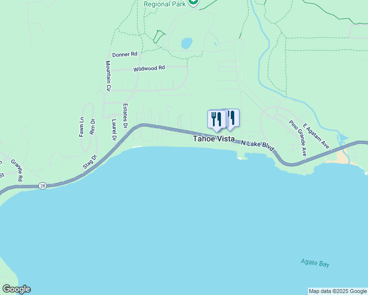 map of restaurants, bars, coffee shops, grocery stores, and more near 6750 North Lake Boulevard in Tahoe Vista