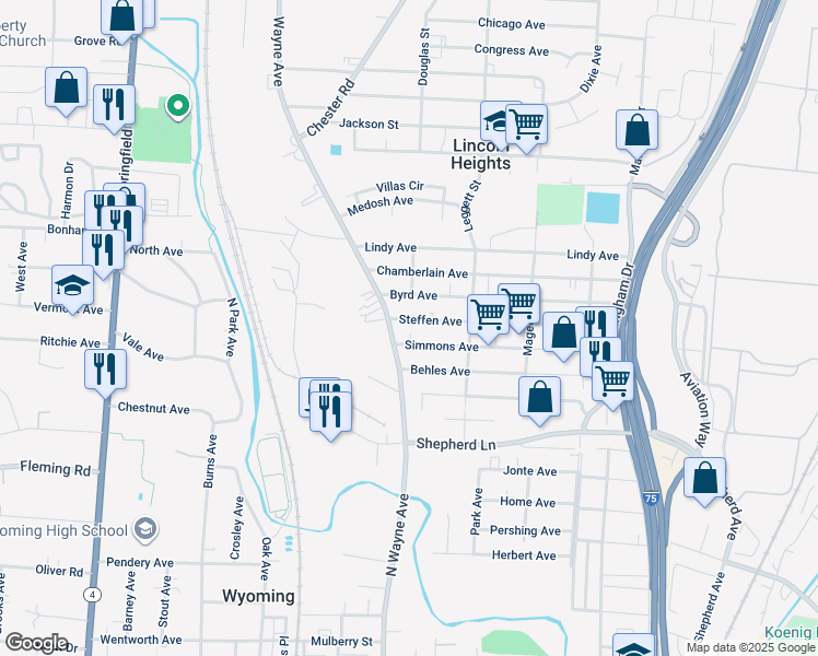 map of restaurants, bars, coffee shops, grocery stores, and more near 9700 Wayne Avenue in Cincinnati