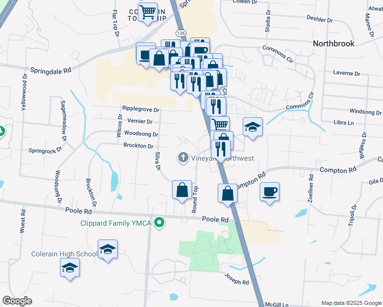 map of restaurants, bars, coffee shops, grocery stores, and more near 9189 Round Top in Cincinnati